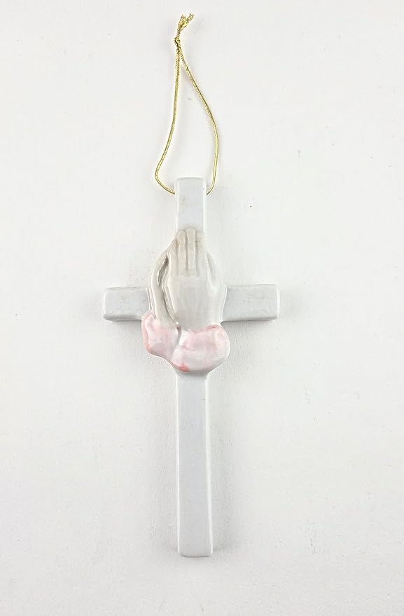 Party Favors Plus White Pink Ceramic Cross Praying Hands Ornament 6 Inch Set of 2