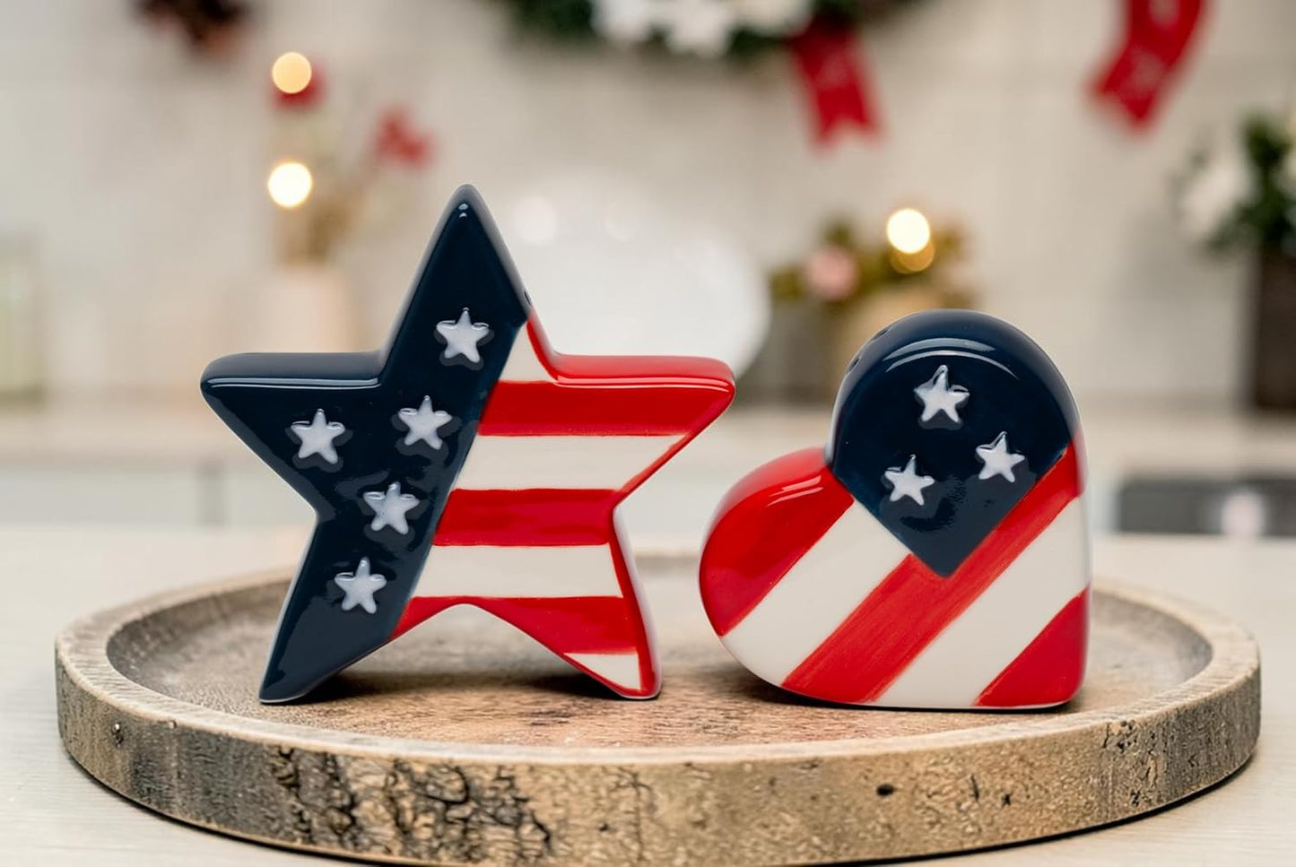 Cosmos Gifts Fine Ceramic Independence Day USA Stars and Stripes Salt & Pepper Shakers Set 3-1/8" H Red White Blue
