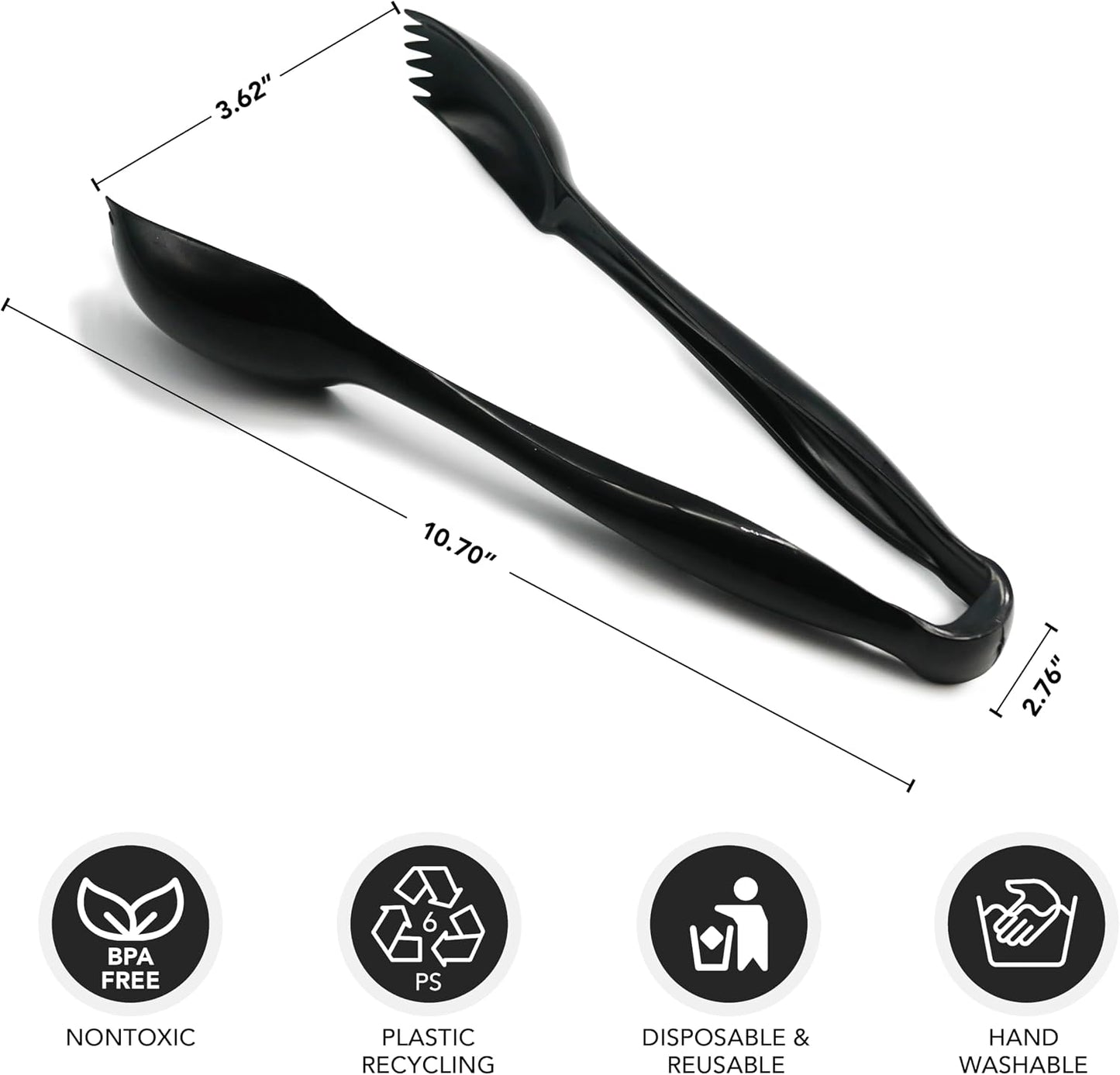 Party Essentials Plastic Serving Tongs, 3-Count, Black