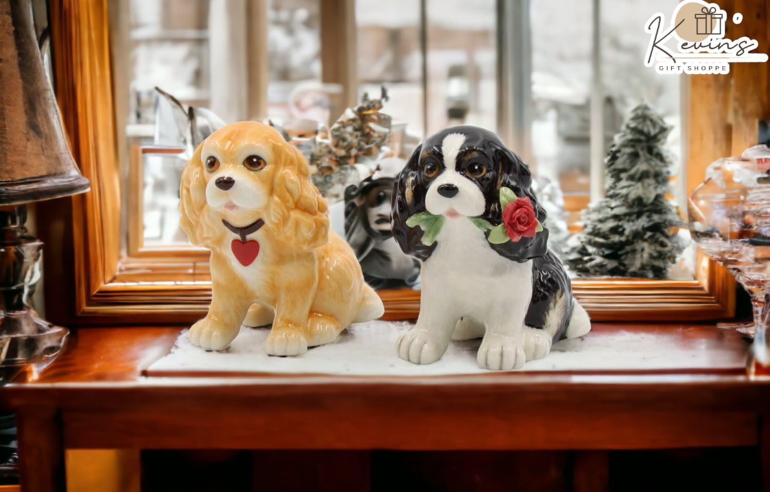 Cosmos Gifts Fine Porcelain Valentine Cocker Spaniel Dog Salt and Pepper Shakers Set 3" H Brown Black White Red