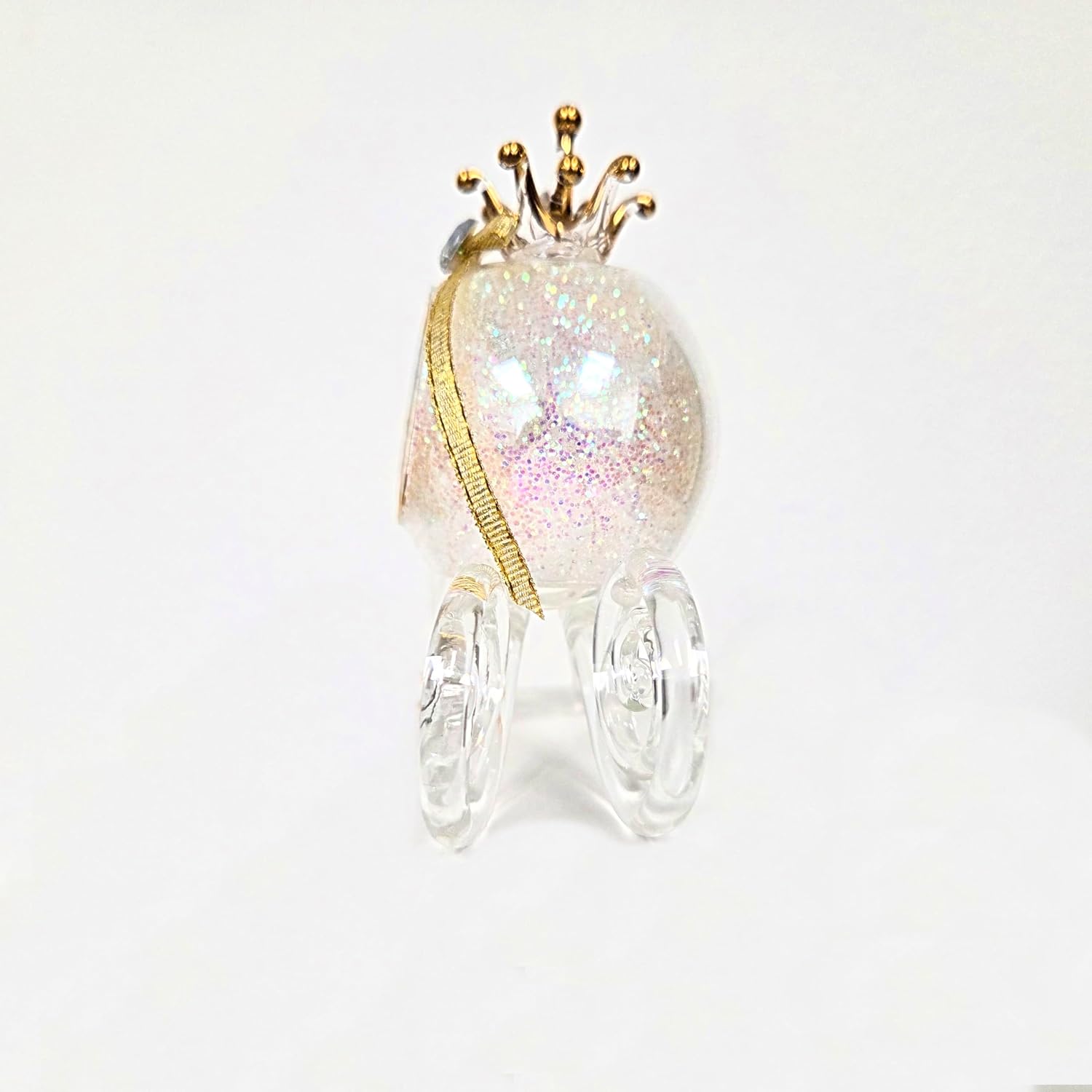 Party Favors Plus Glass Carriage Figurine White Green Glitter Clear Wheels 3.75 Inch