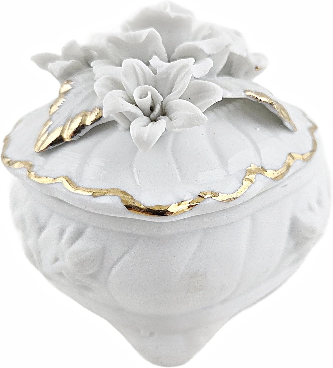Party Favors Plus Heart-Shaped Porcelain Trinket Box White Gold Floral 3.5 Inch
