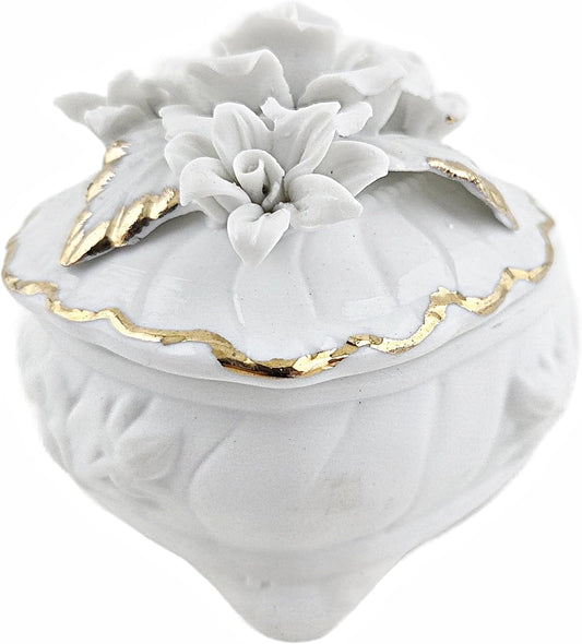 Party Favors Plus Heart-Shaped Porcelain Trinket Box White Gold Floral 3.5 Inch