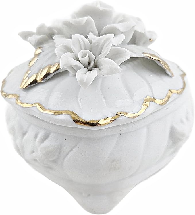 Party Favors Plus Heart-Shaped Porcelain Trinket Box White Gold Floral 3.5 Inch