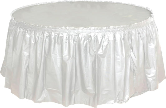 Party Favors Plus White Round Plastic Tablecloth 84 Inch with 2 Table Skirts 8 Foot 3 Piece Set