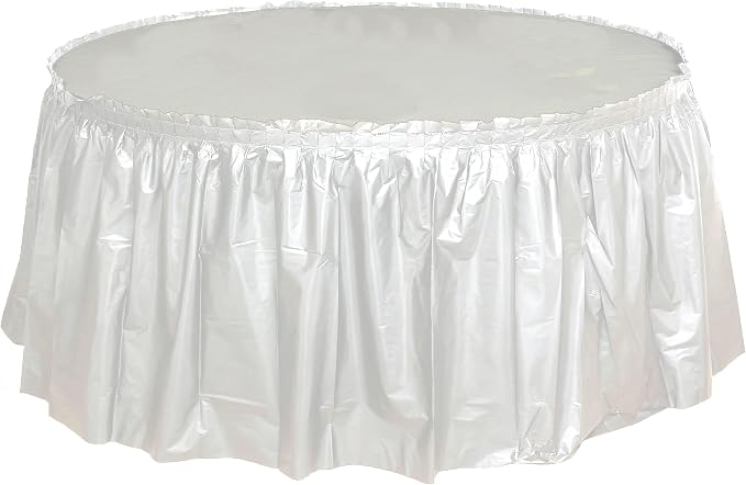 Party Favors Plus White Round Plastic Tablecloth 84 Inch with 2 Table Skirts 8 Foot 3 Piece Set