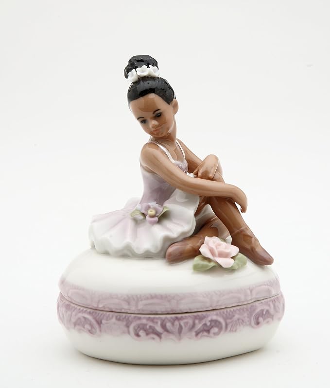 Cosmos Gifts Fine Porcelain African American Ballerina Heart Trinket Box 3-5/8" H