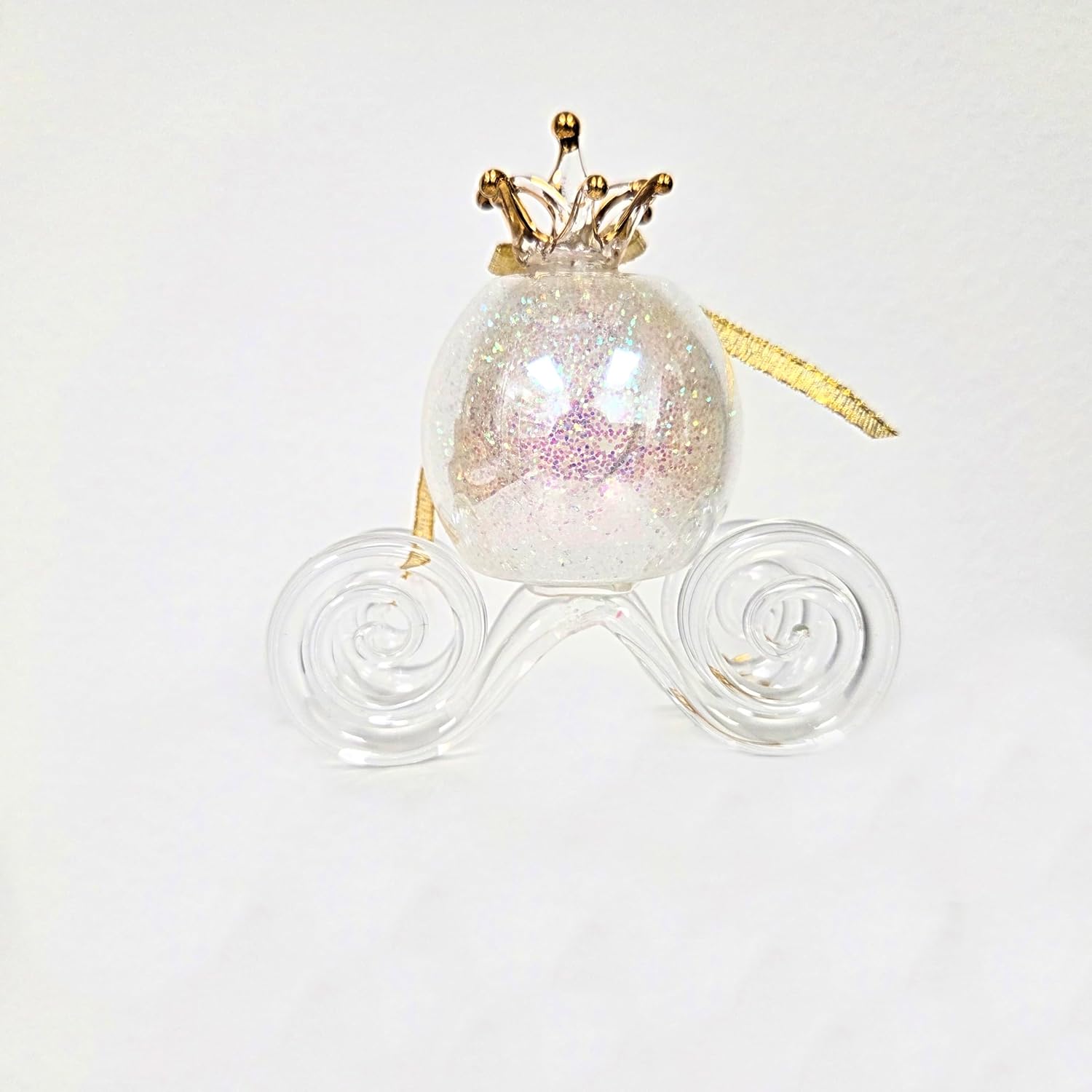 Party Favors Plus Glass Carriage Figurine White Green Glitter Clear Wheels 3.75 Inch