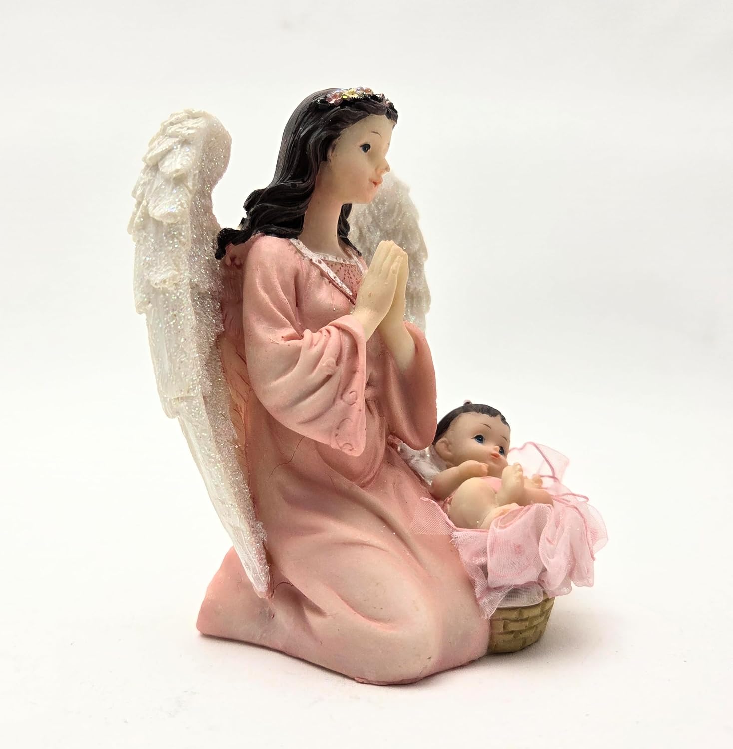 Party Favors Plus Pink White Polyresin Angel Praying Over Baby Figurine 5 Inch