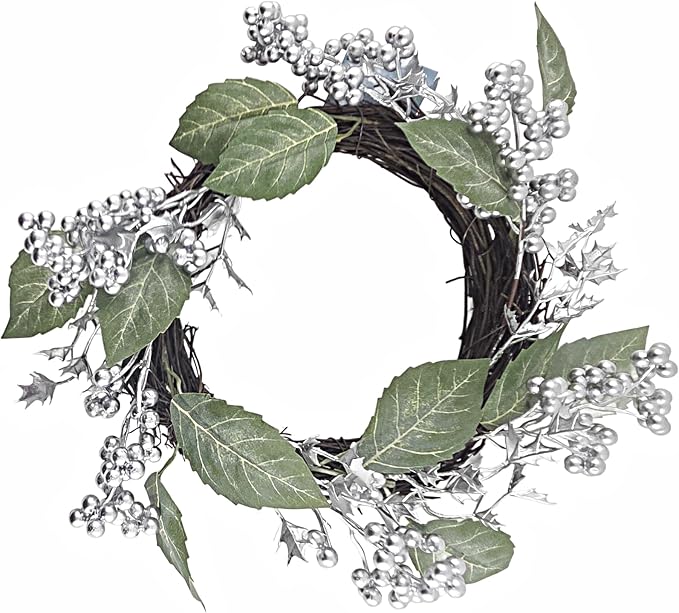 Christmas Silver Berry Wreath on Twig Base, 12 in.