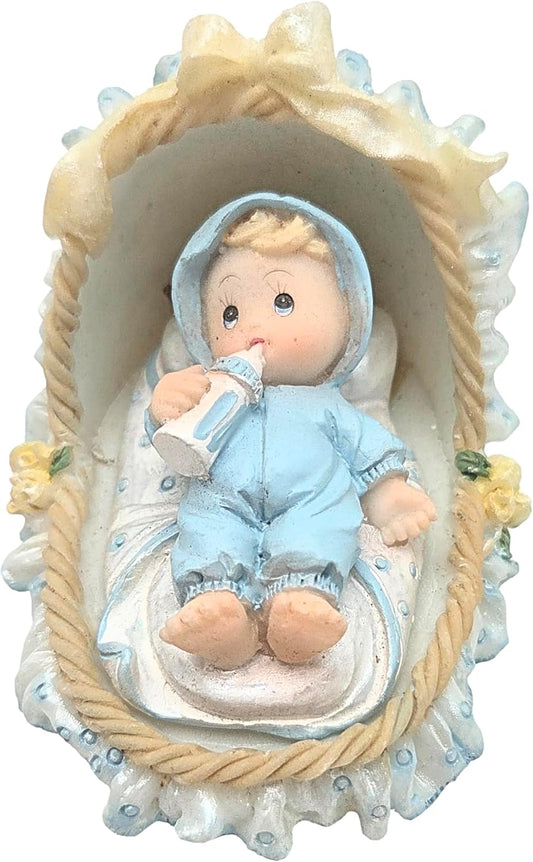 Party Favors Plus Blue White Polyresin Baby Boy Bassinet Figurine 2 Piece Set