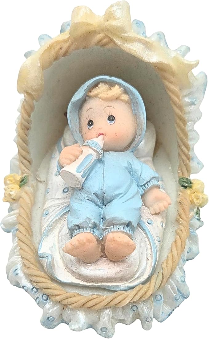 Party Favors Plus Blue White Polyresin Baby Boy Bassinet Figurine 2 Piece Set
