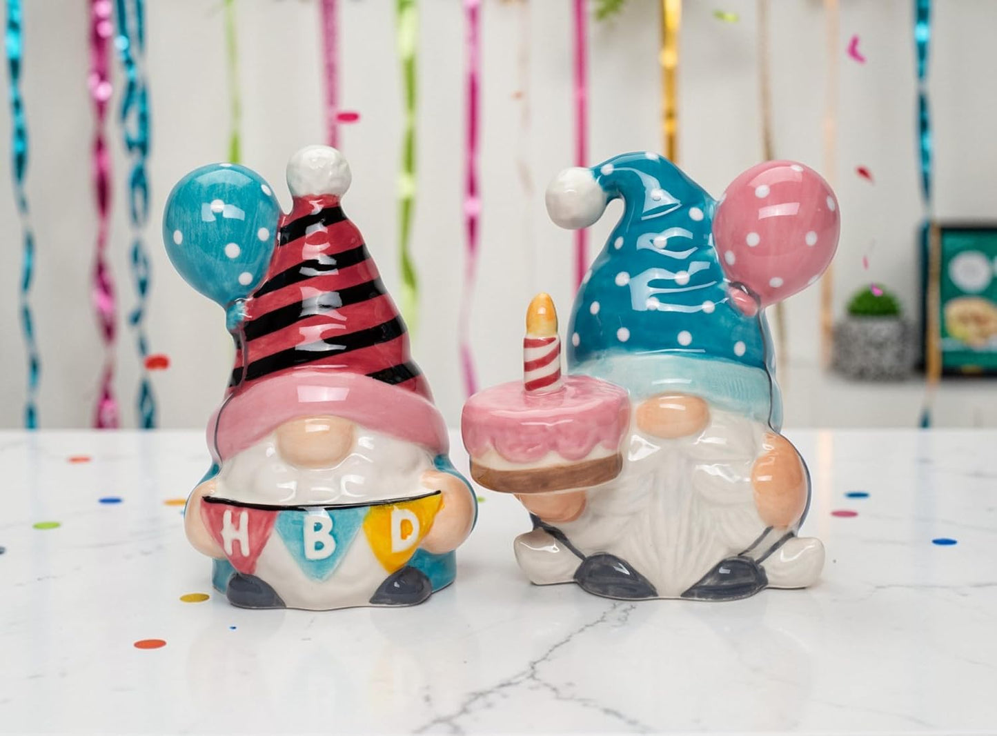 Cosmos Gifts Fine Ceramic Happy Birthday Gnome Couple Salt and Pepper Shakers Set 3-5/8" H Pink Blue White