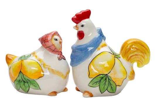 Cosmos Gifts Fine Ceramic Tuscany Country Summer Lemon Rooster & Hen Salt & Pepper Shakers Set 3-3/4" H