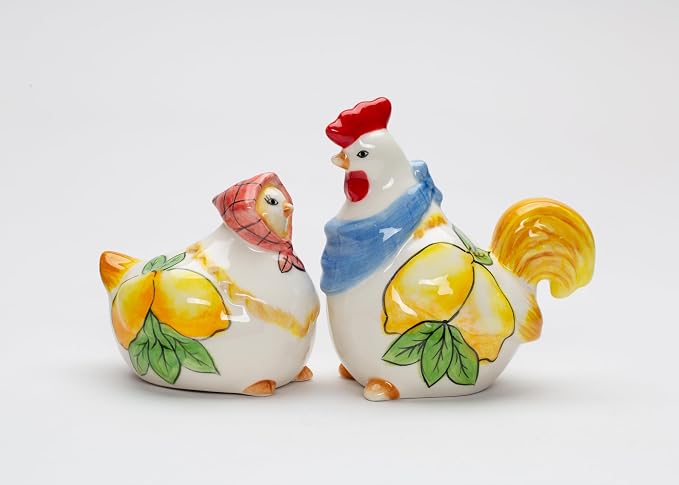 Cosmos Gifts Fine Ceramic Tuscany Country Summer Lemon Rooster & Hen Salt & Pepper Shakers Set 3-3/4" H