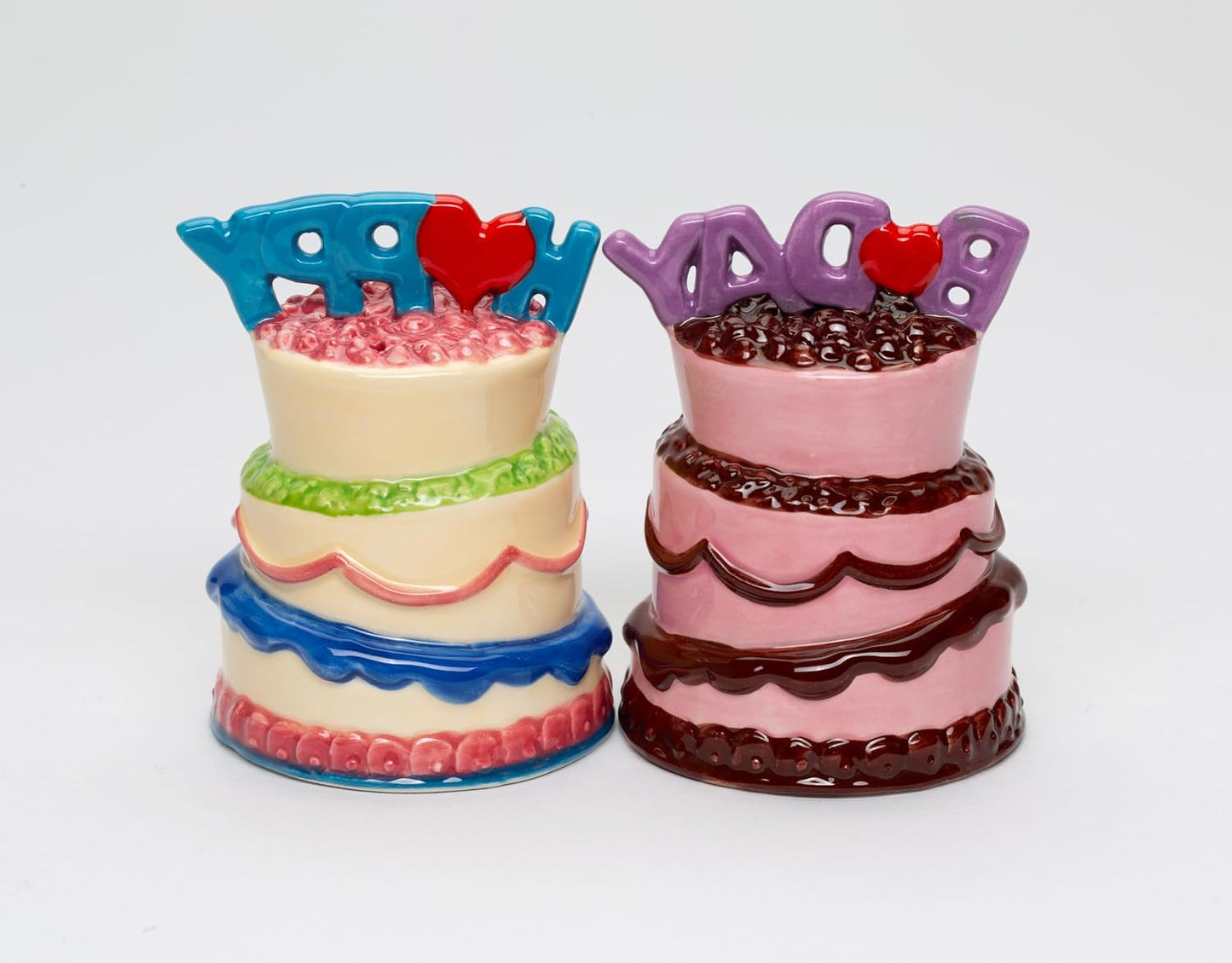 Cosmos Gifts Fine Ceramic Happy Birthday Cakes Salt and Pepper Shakers Set 3-1/4" H Pink Blue Purple