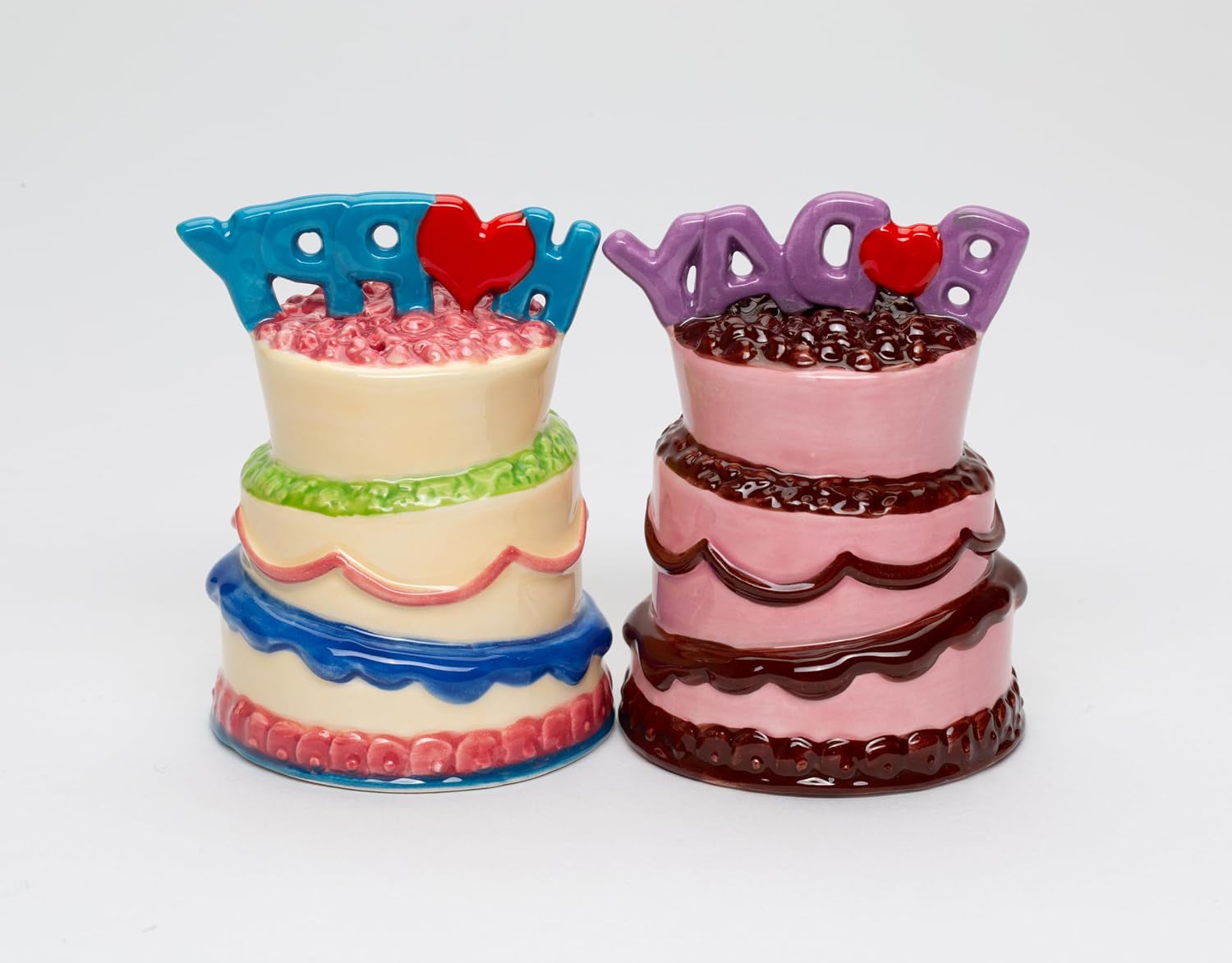Cosmos Gifts Fine Ceramic Happy Birthday Cakes Salt and Pepper Shakers Set 3-1/4" H Pink Blue Purple