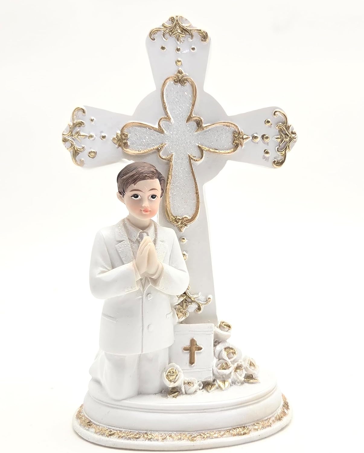Party Favors Plus First Communion Boy Praying Polyresin Figurine Set White Gold 6.5 Inch