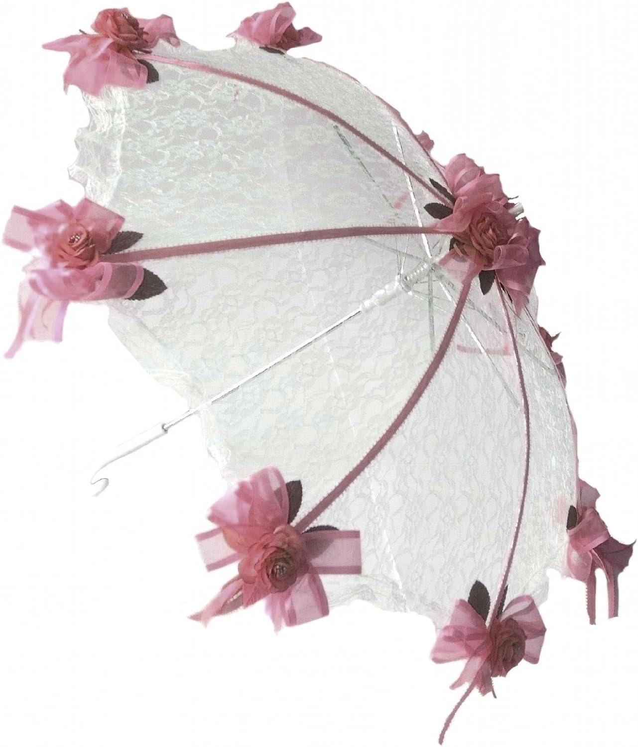Party Favors Plus Decorated Bridal Shower White Lace Umbrella Parasol 36" Mauve Dusty Rose