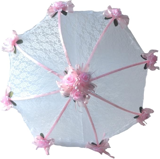 Party Favors Plus White Lace Parasol Umbrella with Light Pink Roses 36"