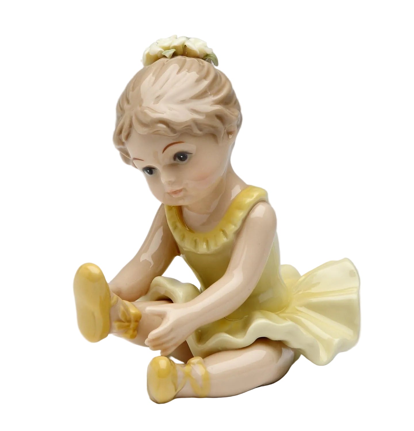 Cosmos Gifts Fine Porcelain Ballerina Stretching Leg Figurine in Yellow Dress 3-7/8" H