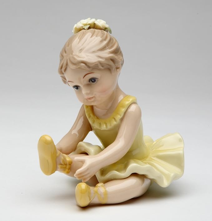 Cosmos Gifts Fine Porcelain Ballerina Stretching Leg Figurine in Yellow Dress 3-7/8" H