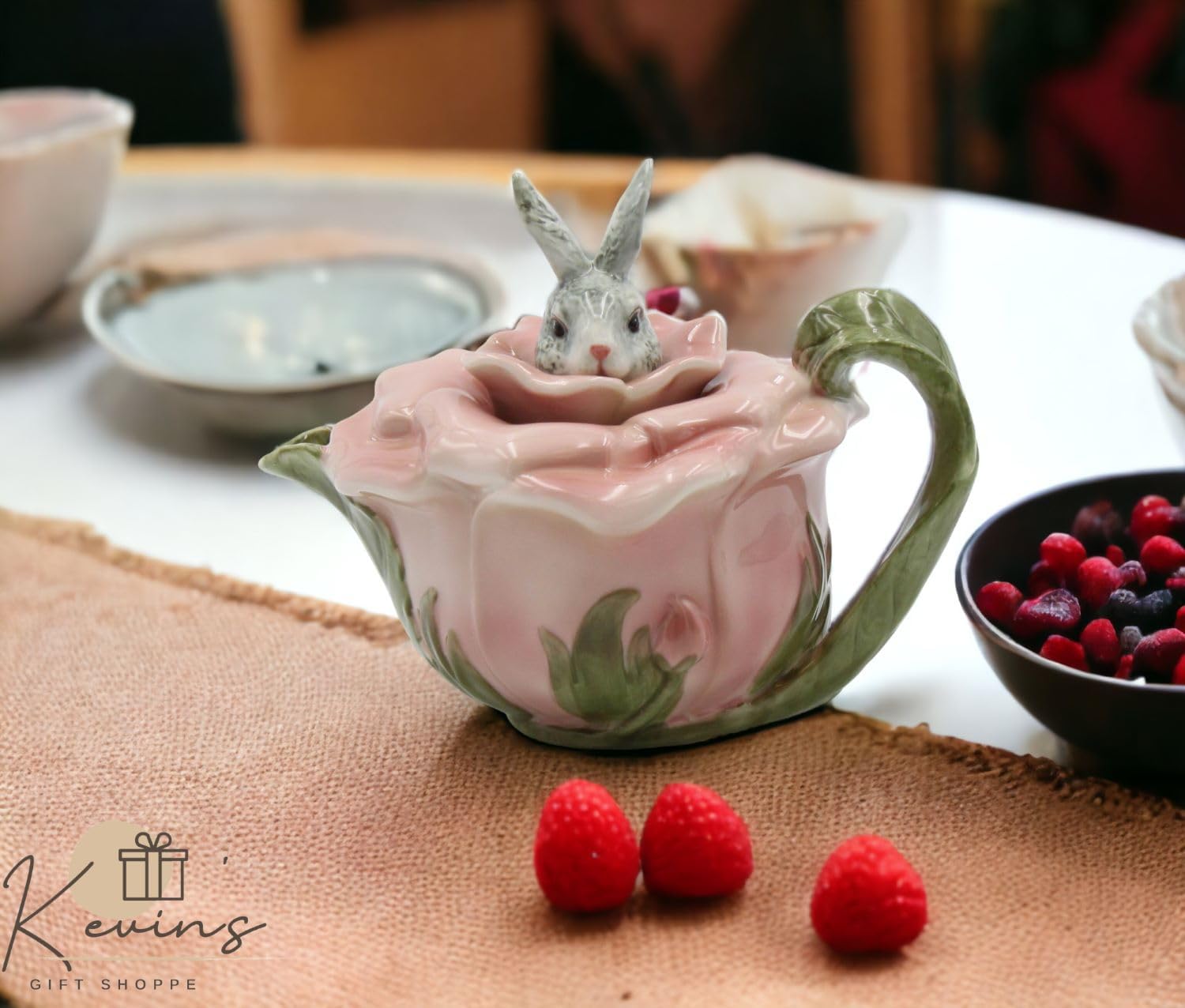 Cosmos Gifts Fine Porcelain Victorian Rose Bunny Rabbit Teapot 6-7/8" L