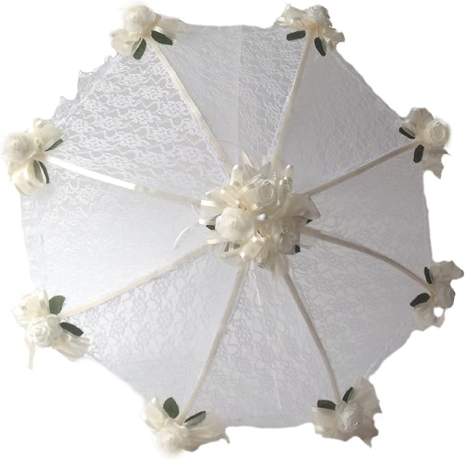 Party Favors Plus Decorated Bridal Shower White Lace Umbrella Parasol 36" Ivory Roses