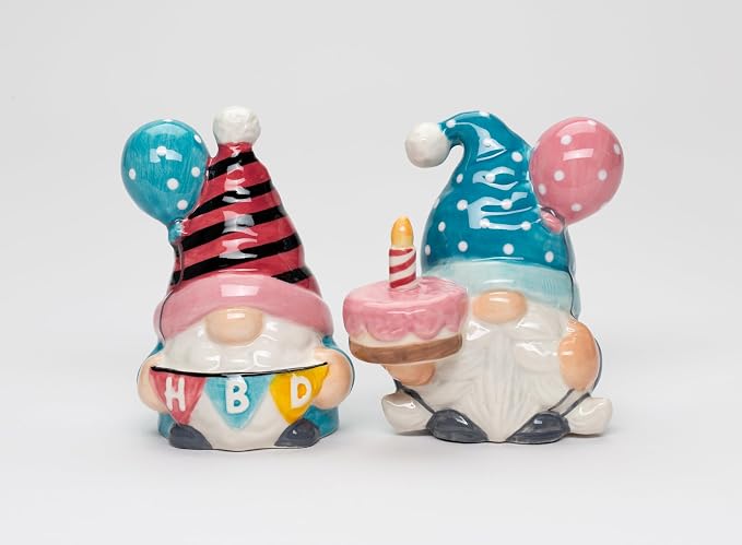 Cosmos Gifts Fine Ceramic Happy Birthday Gnome Couple Salt and Pepper Shakers Set 3-5/8" H Pink Blue White