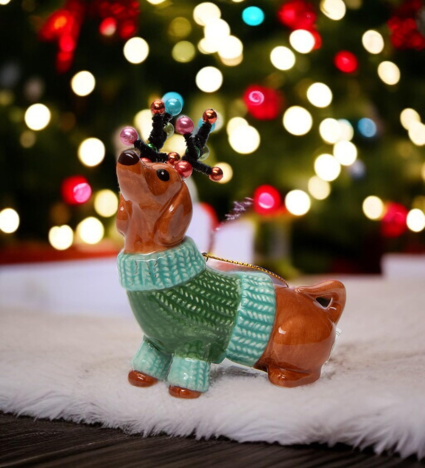 Cosmos Gifts Fine Ceramic Dachshund Dog in Green Sweater with Reindeer Antlers Ornament 3-7/8" H