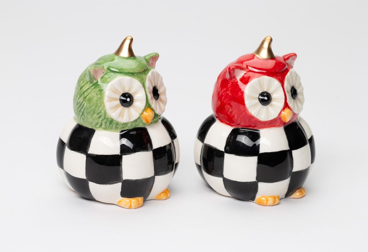Cosmos Gifts Fine Ceramic Owl Couple with Checkered Pumpkin Salt & Pepper Shakers Set 2-3/4" H
