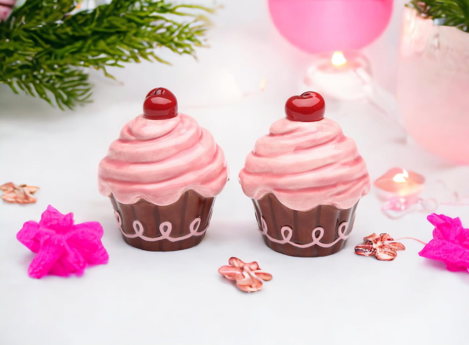 Cosmos Gifts Fine Ceramic Life Is Sweet Pink Cupcake with Cherry on Top Salt & Pepper Shakers Set 2-1/2" H