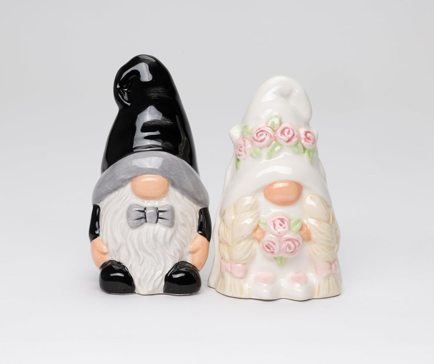 Cosmos Gifts Fine Ceramic Wedding Gnome Bride & Groom Salt and Pepper Shakers Set 4" H Black White Beige