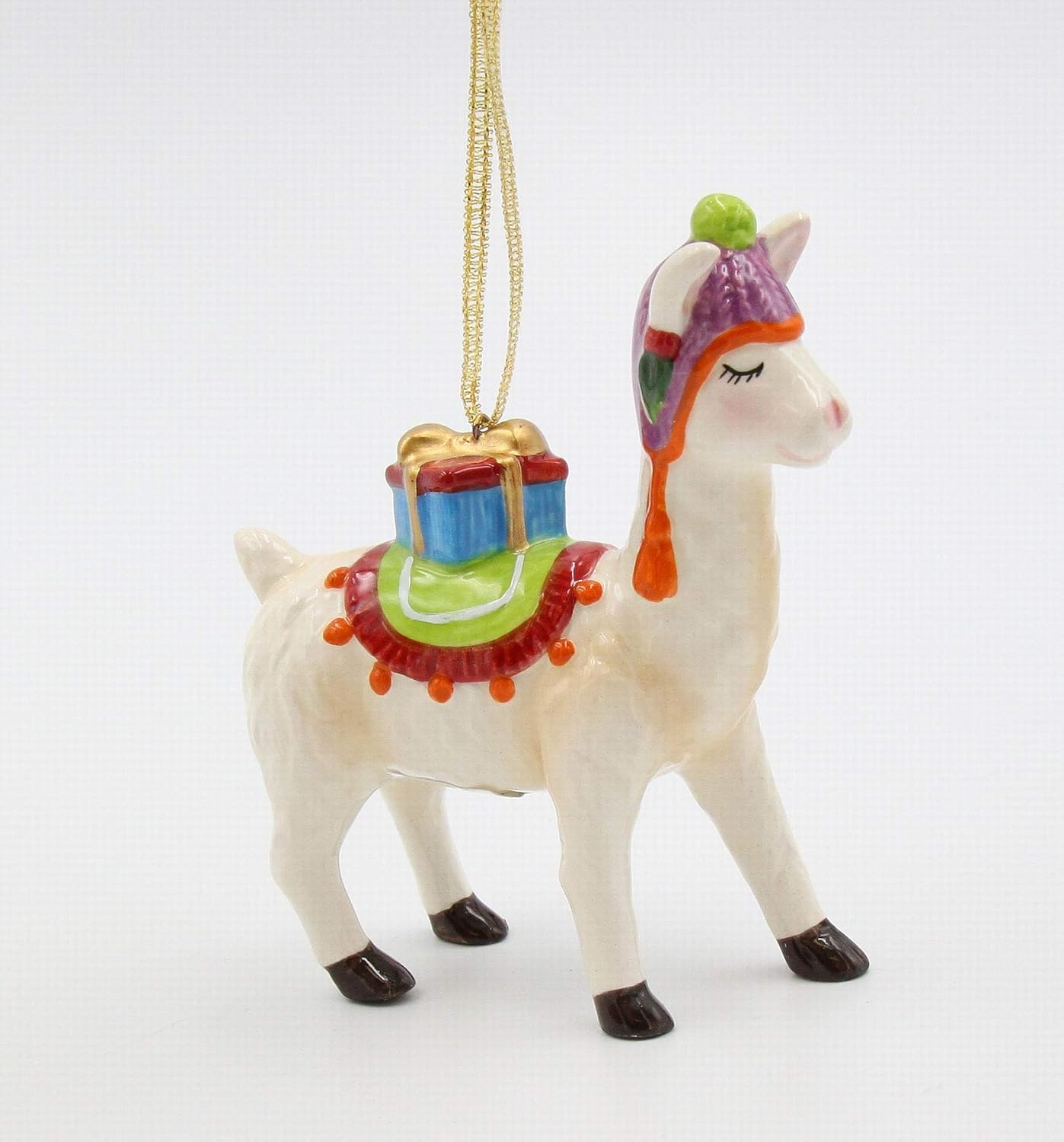 Cosmos Gifts Fine Ceramic Christmas Llama with Presents Ornament 4"