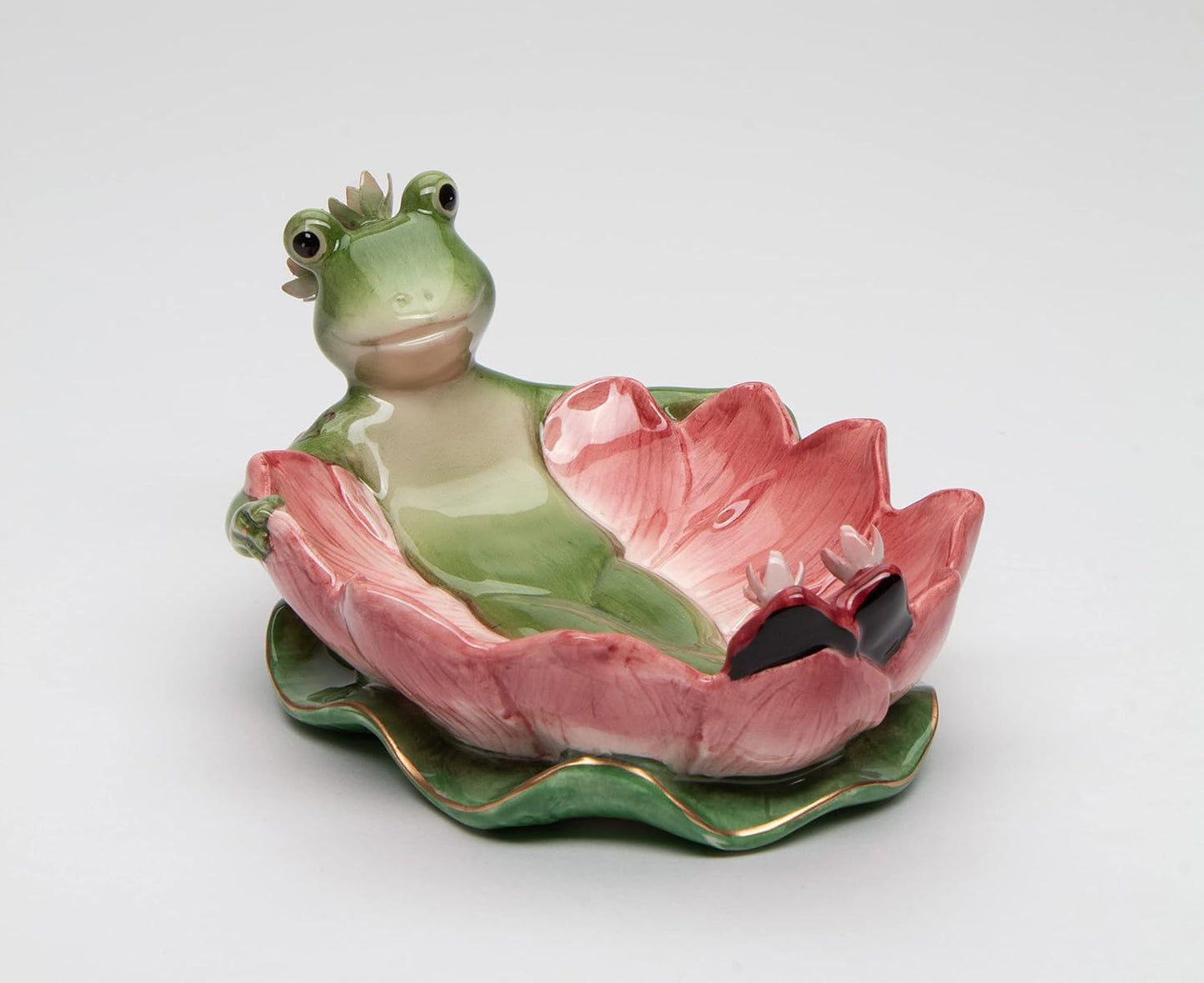 Cosmos Gifts Fine Ceramic Hand Painted Lady Frog on Water Lily Lotus Flower Soap Dish 6-1/4" L