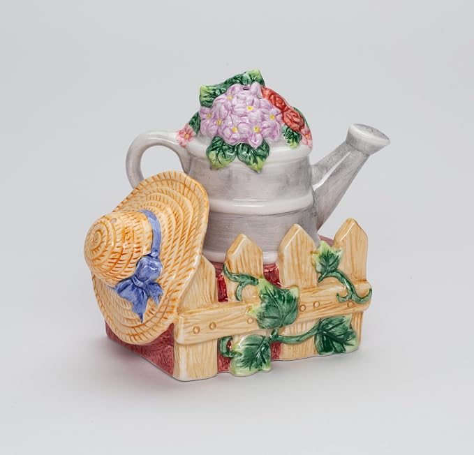 Cosmos Gifts Fine Ceramic Garden Watering Can & Straw Hat Designs Salt & Pepper Shakers Set 3-1/2" H