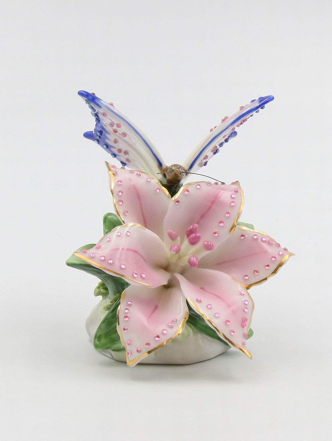 Cosmos Gifts Fine Porcelain Faux Jewel Butterfly with Pink Stargazer Lily Flower Figurine 3-1/4" H