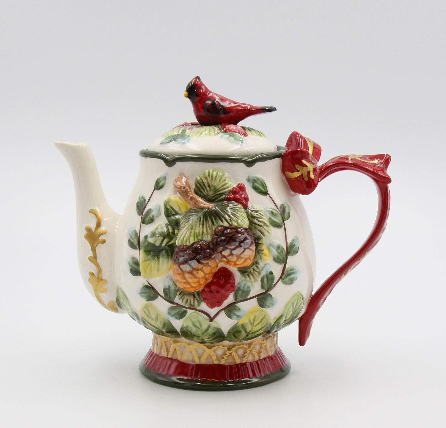 Cosmos Gifts Fine Ceramic Evergreen Holiday Red Cardinal with Pine Cones Teapot 8-1/8" L