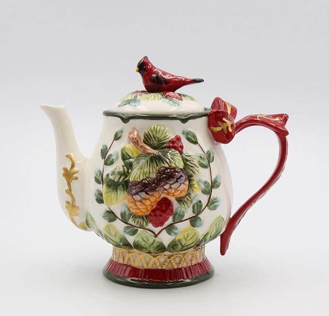 Cosmos Gifts Fine Ceramic Evergreen Holiday Red Cardinal with Pine Cones Teapot 8-1/8" L