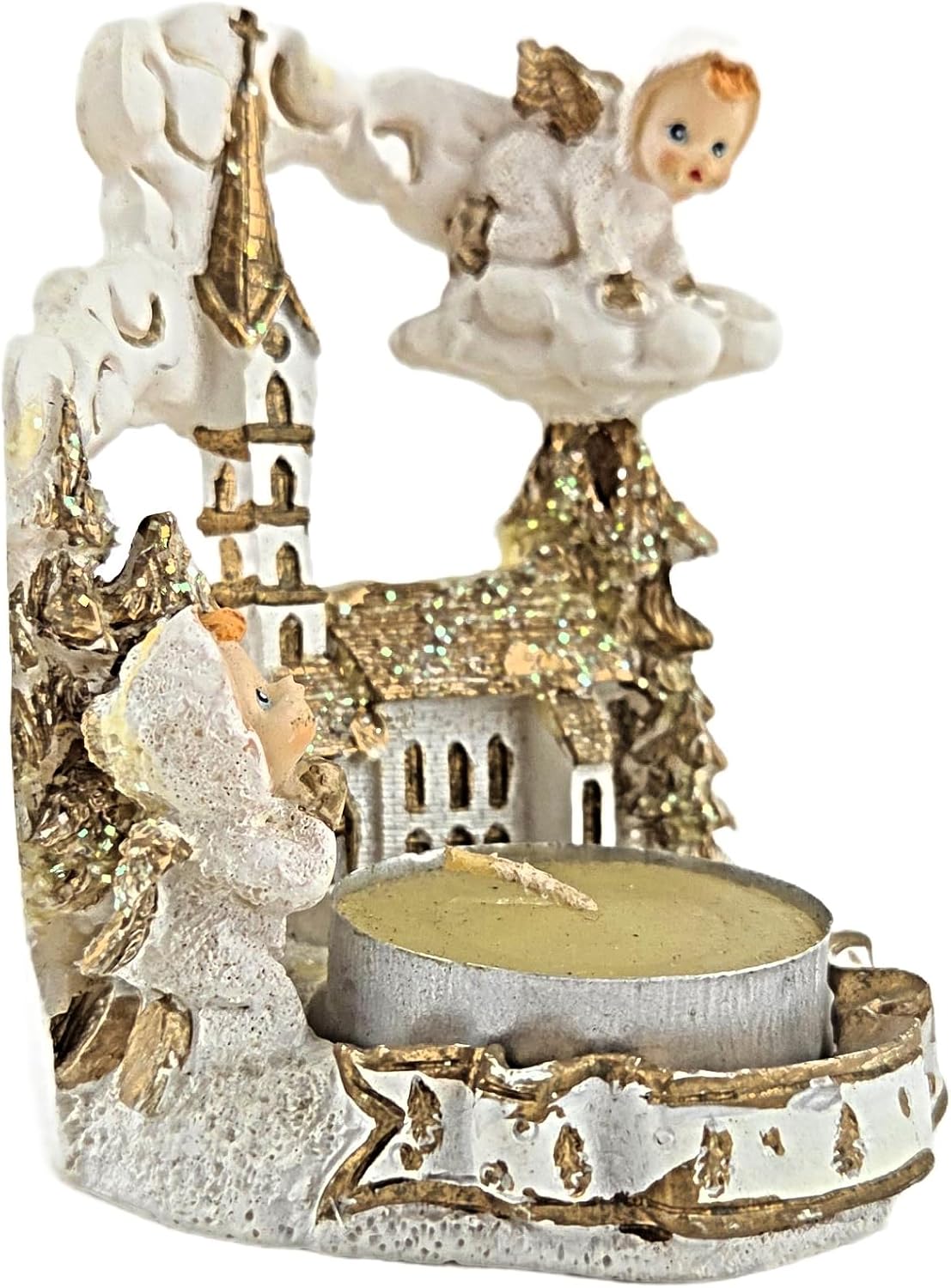 Party Favors Plus Angel and Church Figurine Tea Light Candle Holder White Gold Polyresin 3 Inch Set of 2