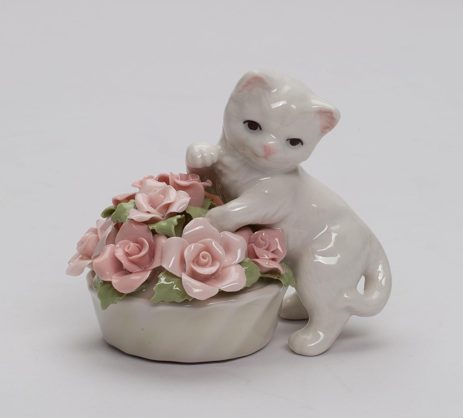 Cosmos Gifts Fine Porcelain Cat Kitten with Pink Rose Flowers Pot Mini Figurine 3" H 96475