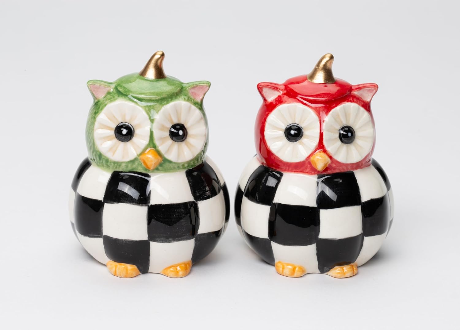 Cosmos Gifts Fine Ceramic Owl Couple with Checkered Pumpkin Salt & Pepper Shakers Set 2-3/4" H