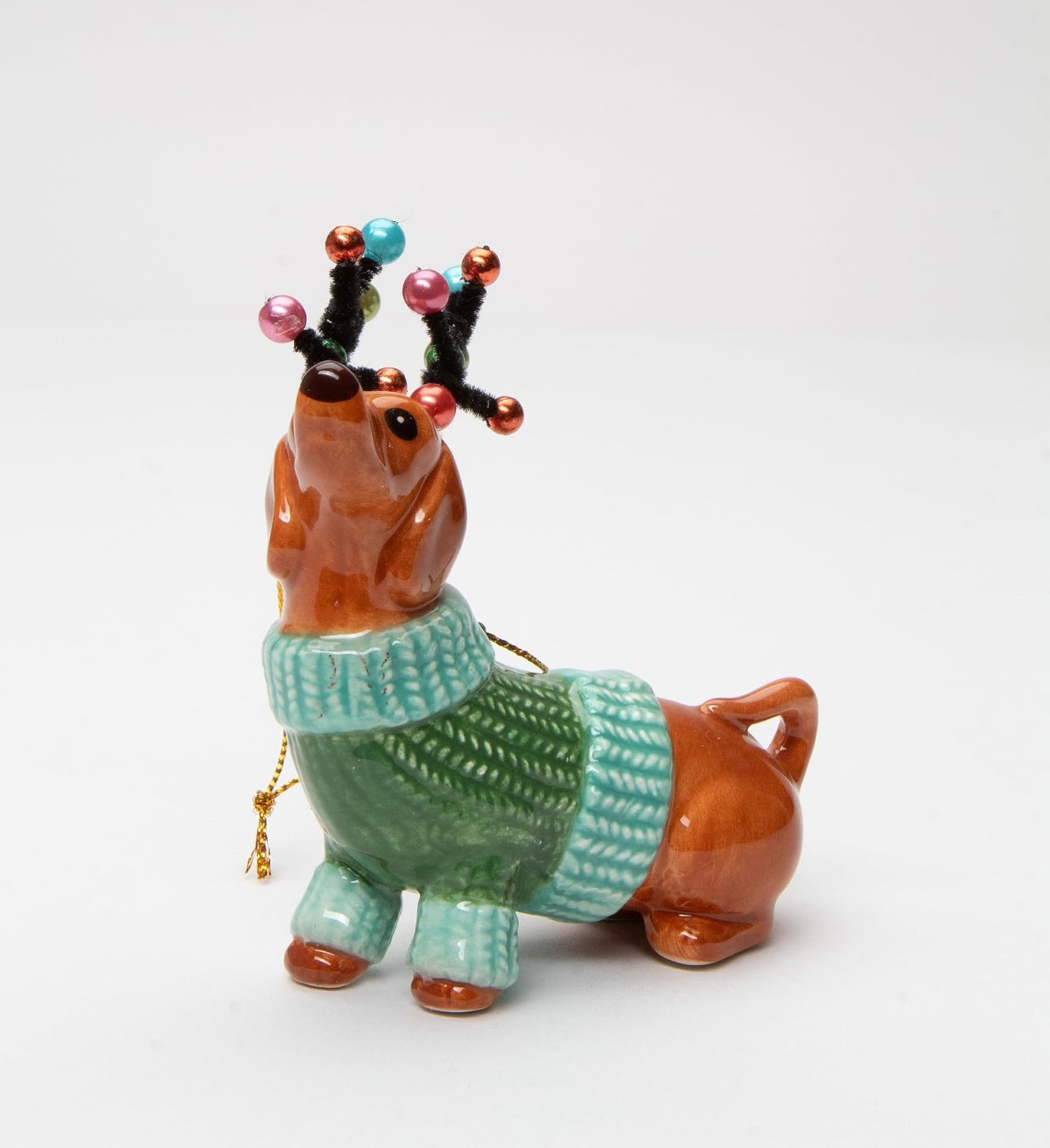Cosmos Gifts Fine Ceramic Dachshund Dog in Green Sweater with Reindeer Antlers Ornament 3-7/8" H