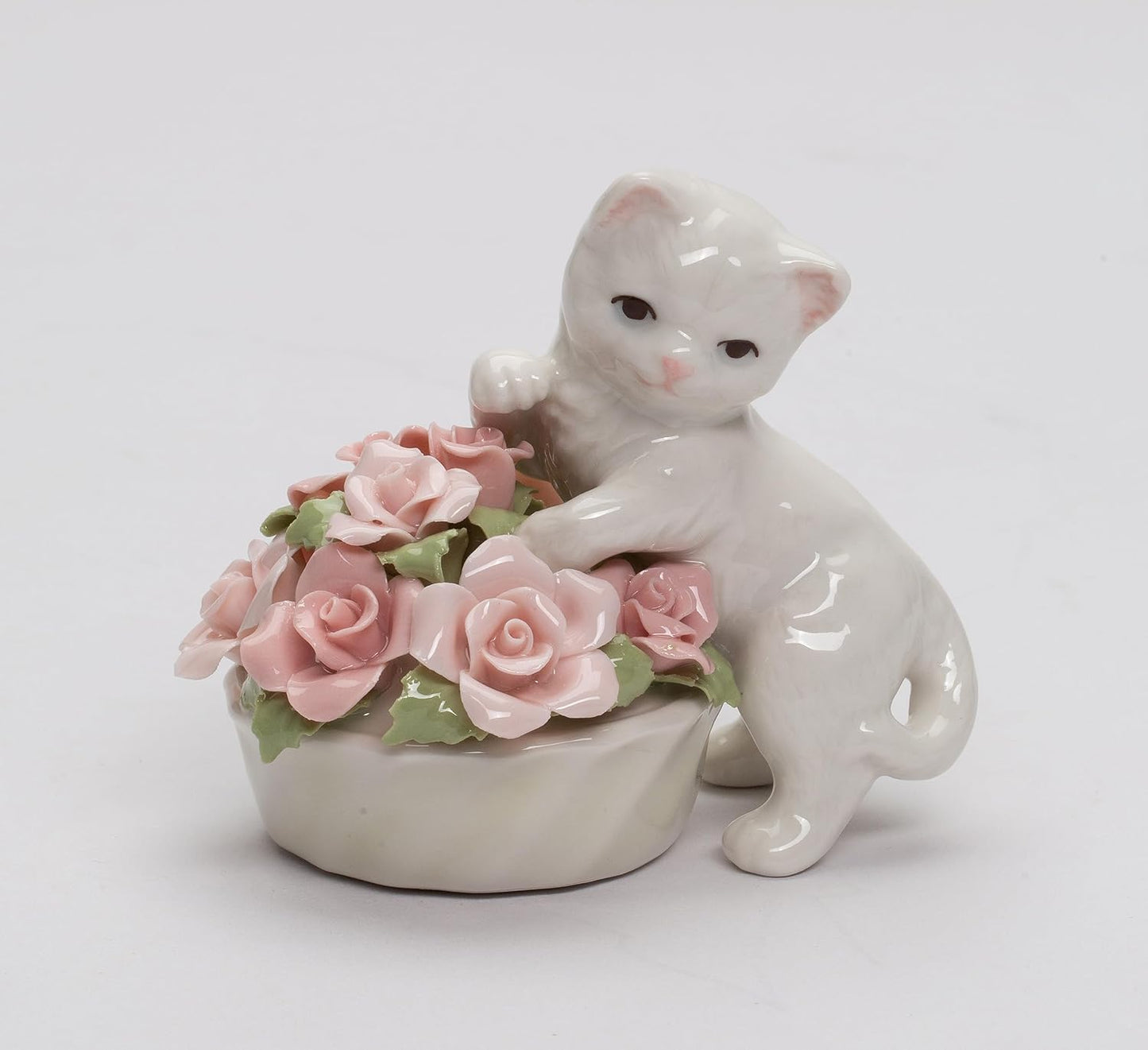 Cosmos Gifts Fine Porcelain Cat Kitten with Pink Rose Flowers Pot Mini Figurine 3" H 96475