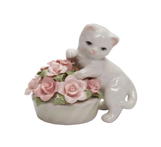 Cosmos Gifts Fine Porcelain Cat Kitten with Pink Rose Flowers Pot Mini Figurine 3" H 96475