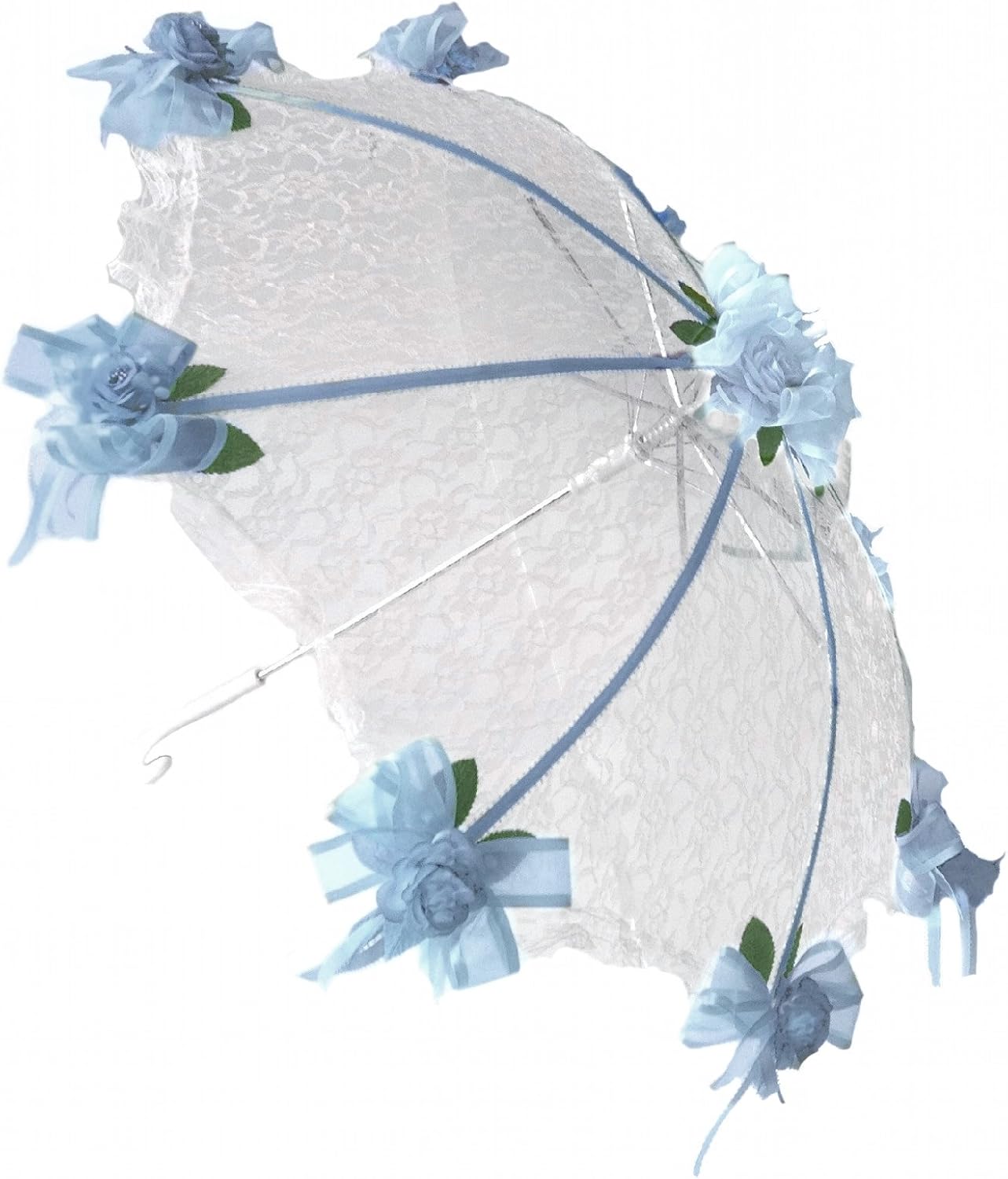 Party Favors Plus White Lace Umbrella Parasol 36 in Light Blue Roses