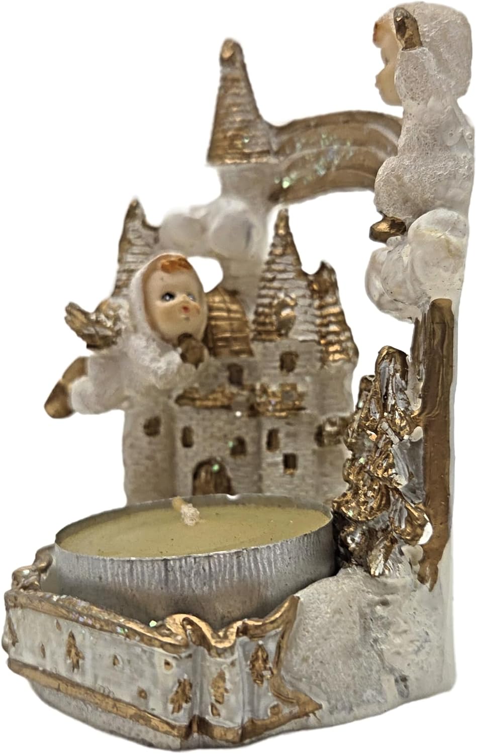 Party Favors Plus Angel Figurine Tea Light Candle Holder White Gold Polyresin 3 Inch Set of 2