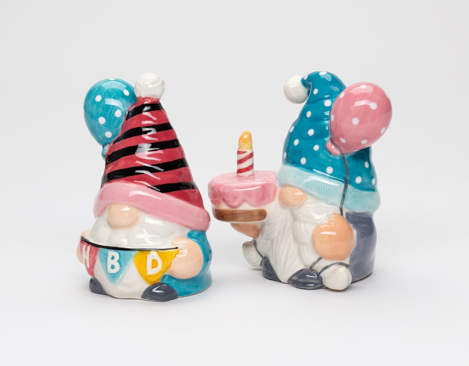 Cosmos Gifts Fine Ceramic Happy Birthday Gnome Couple Salt and Pepper Shakers Set 3-5/8" H Pink Blue White