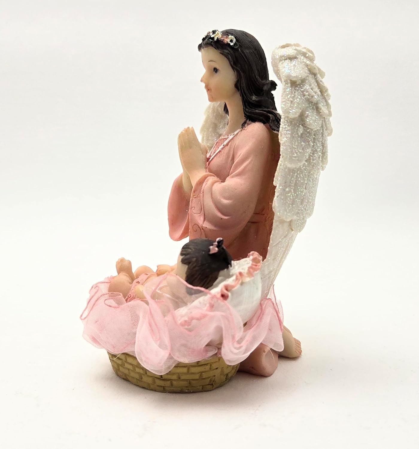 Party Favors Plus Pink White Polyresin Angel Praying Over Baby Figurine 5 Inch