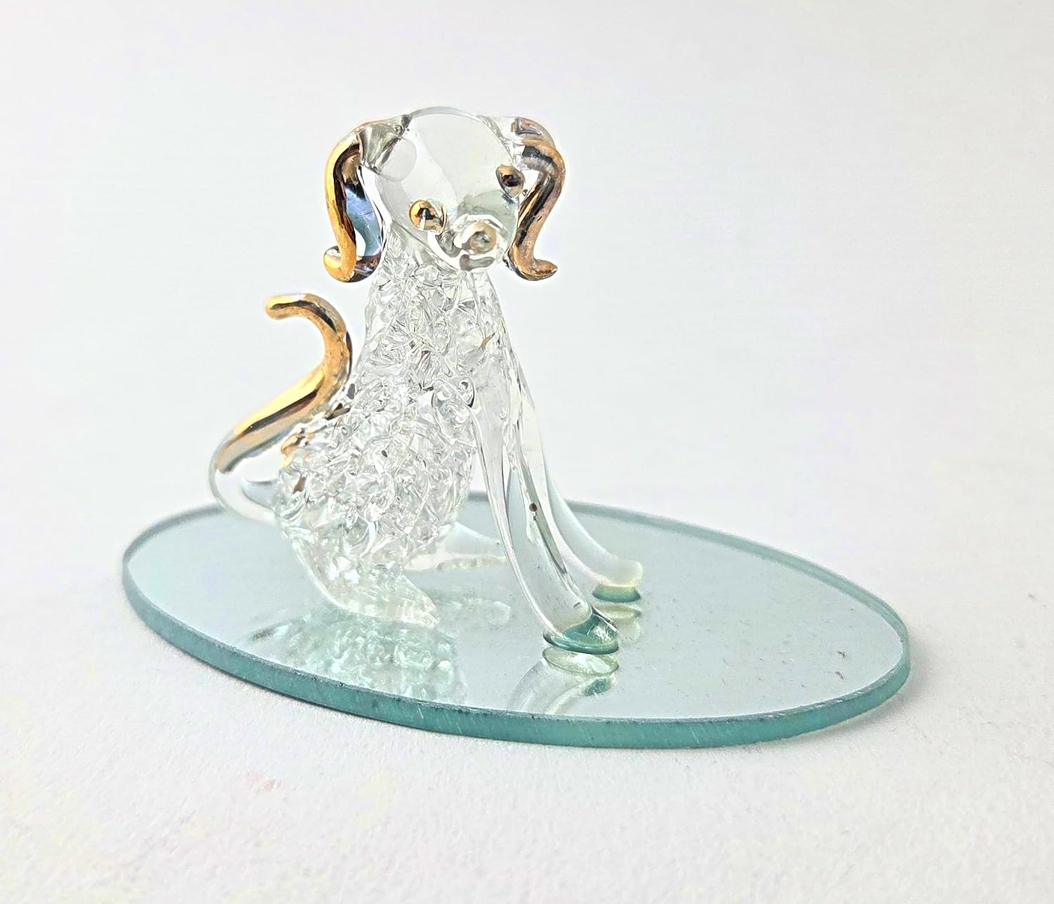 Party Favors Plus Glass Dog Figurine Gold Accents Oval Mirror Base 2.5 Inch